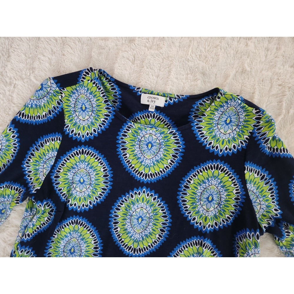 Crown &‎ Ivy 3/4 Sleeve Blue Green Floral Top Womens XS